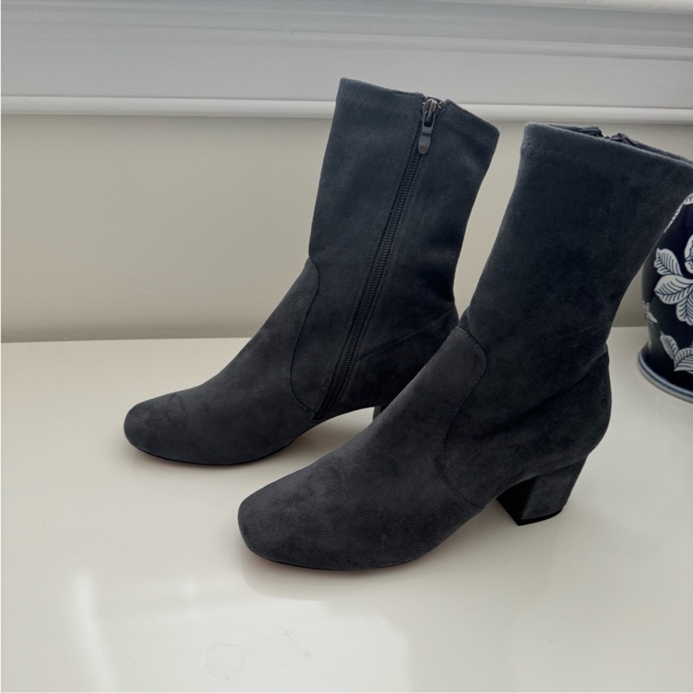 Anthropologie Silent D Careful gray microsuede boots size 8